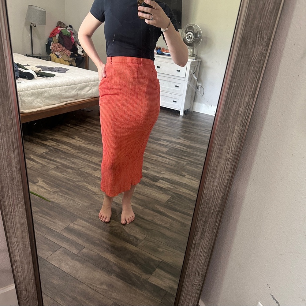Sharon Young VINTAGE Gingham Crinkle Stretch Midi Skirt